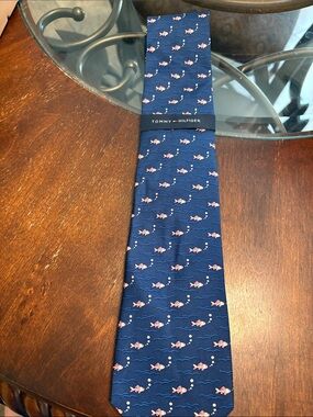 Tommy Hilfiger Navy Silk Tie with Pink Fish Motif